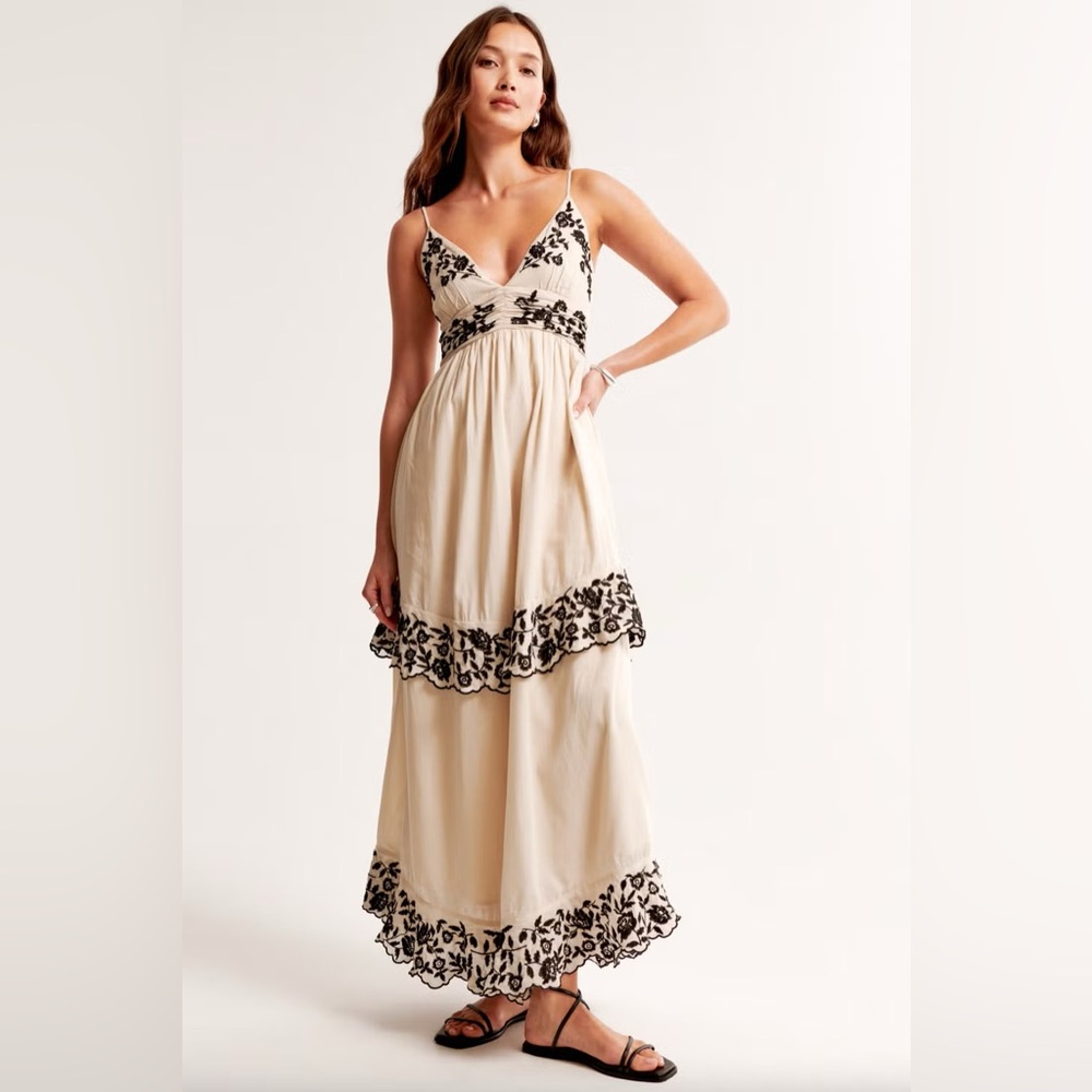 Cream Maxi Dress with Black Floral Embroidery